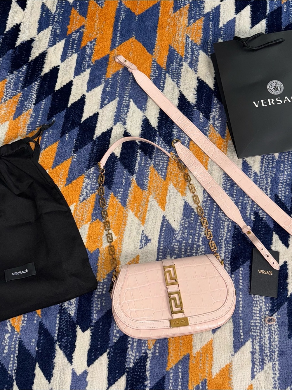Versace Medusa Croc-Embossed Leather Shoulder Bag Women's Pink New With Bag